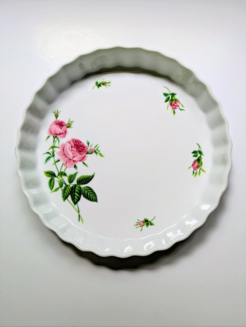 Vintage Christineholm Porcelain Quiche Or Pie Baking Dish Pink Rose Pattern 9.5"